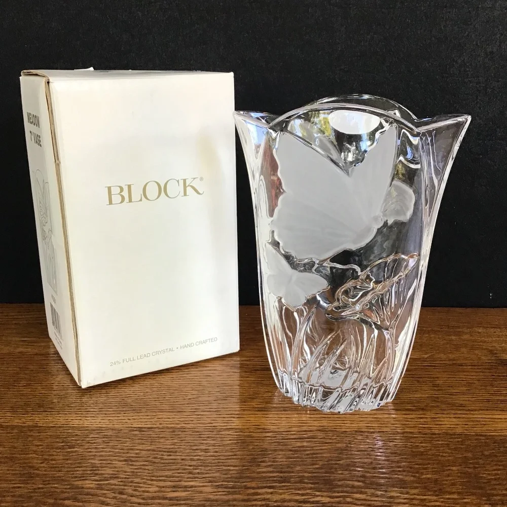 New Block Crystal Vase Butterfly Flowers Glass Hand Crafted Poland